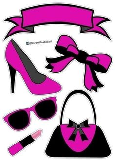 a set of pink and black items with a ribbon around it, including shoes, lipstick, sunglasses and a handbag