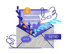 an envelope with money coming out of it and the words send are in front of it