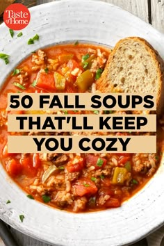 a white bowl filled with soup next to a slice of bread