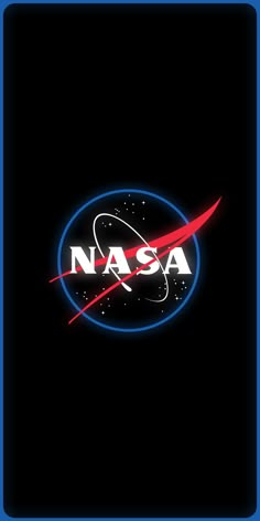 the nasa logo on a black background with red and blue lines in front of it