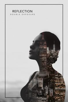 a woman's face is shown in the middle of a cityscape with skyscrapers