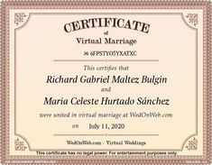 an award certificate for marriage ceremony is shown in this image, it shows the wording and