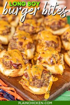 mini burger bites on a wooden board with text overlay that reads long boy burger bites