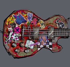 an electric bass guitar with many stickers on it's body and some other things around the neck