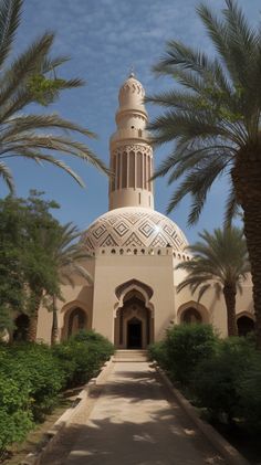 a white building with a dome and palm trees in the background