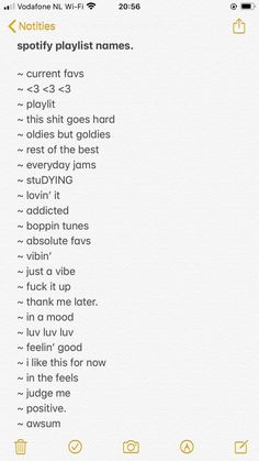 an iphone screen with the words spotty playlist names in yellow and black on it
