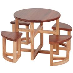 three wooden stools and a table on a white background