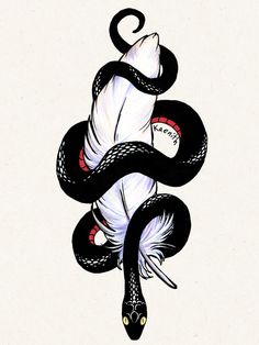 a black and white snake with red eyes on it's head is curled up in the shape of a tail