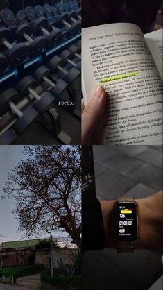 a person holding an open book in front of a tree and several other pictures with text on them