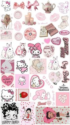 a collage of hello kitty stickers with hearts, bows and other things on them