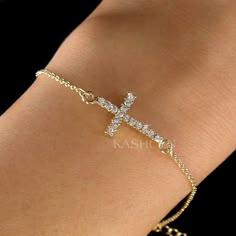 PERFECT GIFT FOR LADIES!! You are getting a dainty, Sideways Cross Charm original rhodium plated bracelet attached to  fine cable original rhodium plated Gold Tone chain.  Charm size is 7/16" wide X 11/16" high (11mm X 18mm) Color (Standard Swarovski Color Names): Crystal Clear The bracelet measures 7" long (18cm) with 2" extension chain (5cm). Prices are in US$. For shipping policies and other important information, click on "profile" on the right. See an item that you like but has already been Gold Cross Bracelet, Best Friend Christmas Gift, Bracelet With Cross, Best Friend Christmas, Preppy Jewelry, Jewelry Accessories Ideas, Jewelry Essentials, Silver Chain Bracelet