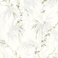 a white wallpaper with green leaves on it