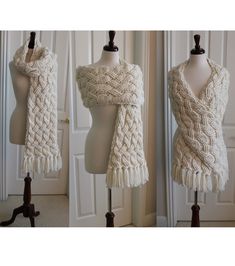 three pictures of a white scarf on a mannequin