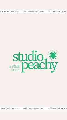 the brand logo for studio peachy is shown in green on a light pink background