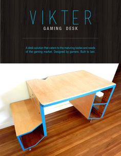 a wooden table with blue legs and a book shelf on the bottom that says vikter gaming desk