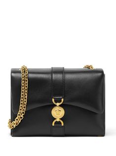 black lambskin gold-tone hardware foldover top with press-stud fastening chain-link shoulder strap gold-tone logo plaque main compartment Black And Gold Purse, Chloe 2024, Versace Bag, Gold Purse, Versace Gold, Small Shoulder Bags, Versace Handbags, Glam Party, Medusa Head