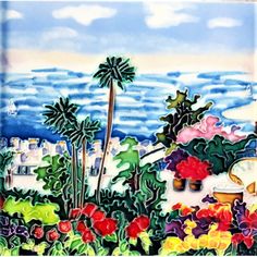 a painting of flowers and palm trees by the ocean