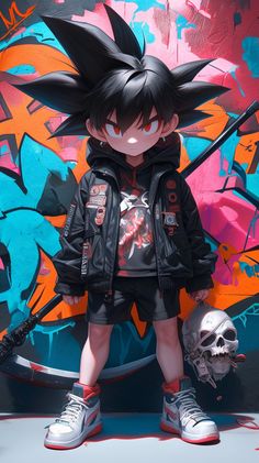 a young boy wearing a black jacket and shorts standing in front of a graffiti wall