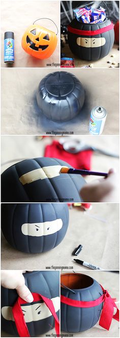 the instructions for how to make an inflatable halloween pumpkin basket with candy and toothbrushes