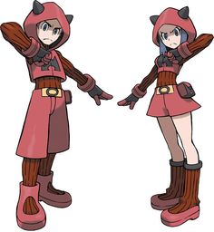 two cartoon characters dressed in red and brown outfits, one holding her hands out to the side