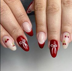 Red Nails Press On, Red Tip Nails With Pearls, Red Nail Inspo Design, Red And White Nail Art Designs, Red Nails With Cherry Design, Red Bow Nail Art, Cherry Red Summer Nails, Nail Cherry Designs, Short Cherry Nails Designs