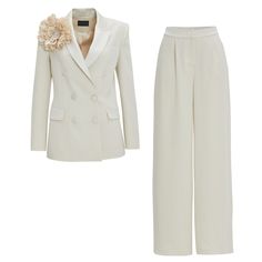 Elevate your style with the tuxedo suit in ecru colour, blending contemporary style with ultimate sophistication. The suit features satin peak lapels for a formal and classy look. The suit comes with a flower brooch which can be used in various ways. Dry cleaning only White Bridal Suit For Women, Wedding Suits For Women Brides, White Bridal Suit, Wedding Suits For Women, Colour Blending, Civil Wedding Dress, Bridal Suit, Women Suits Wedding, Civil Wedding Dresses