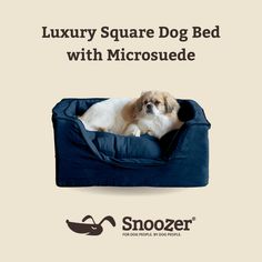 a dog laying on top of a bed with the words luxury square dog bed with microsuede