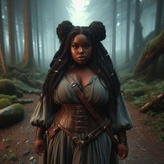 a woman with dreadlocks standing in the middle of a forest wearing a brown dress