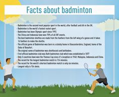 two people playing badminton in front of a large sign that says, fact about badminton