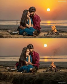 two people sitting next to each other in front of a fire on the beach at sunset