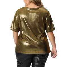 Get ready to shine and make a statement at festivals and concert carnivals with these Metallic Holographic Shimmer Tops. Designed to catch the light and turn heads, these tops are perfect for creating trendy and eye-catching festival outfits that will make you stand out from the crowd. The short sleeves of these tops not only provide a comfortable and breathable option for outdoor events but also showcase your style. Stay cool and comfortable while looking effortlessly stylish. Versatility is a Party Blouses, Plus Size Christmas, Party Blouse, Gold Blouse, Plus Size Halloween, Carnival Party, Hem Style, Outdoor Events, Linen Women