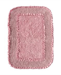 a pink rug with scalloped edges is shown on a white background, it has a square shape in the center