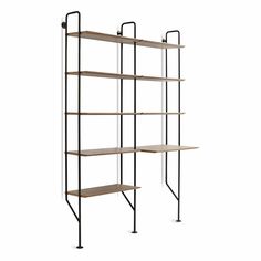 a metal shelf with three shelves on each side and one is holding two bookshelves