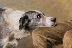 a painting of a dog looking at something