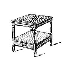 a small wooden table with drawers on one side and an open drawer on the other