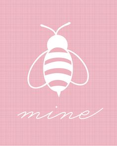 a pink and white bee with the word mine on it's back ground, in front of a checkered background