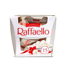 a box of raffaello with white chocolates and red ribbon on the side