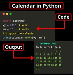 the calendar in python code is displayed with an arrow pointing to it's date