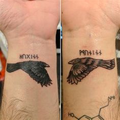 two tattoos with birds on their wrist and the same one has an arrow in it