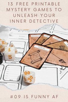 an image of a board game with dices on it and the title, 13 free printable mystery games to unleash your inner - detective