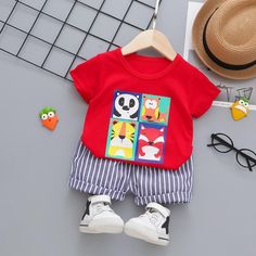 2-piece Cartoon Design T-shirt & Shorts for Children Boy - PrettyKid Playful Red T-shirt For Summer, Playful Summer Sets With Cartoon Print, Red Cartoon Print Top For Summer, Red Cartoon Print Tops For Summer, Cartoon Print Cotton Short Sets, Cotton Cartoon Print Short Sets, Cotton Sets With Graphic Print For Summer, Red Cartoon Print Top For Spring, Playful Red Tops For Summer