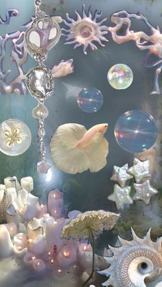 an underwater scene with sea shells and bubbles