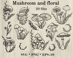 mushrooms and flowers clipart set on wood background for use in design, scrapbooking or handmade projects