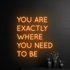 a neon sign that says you are exactly where you need to be on the wall