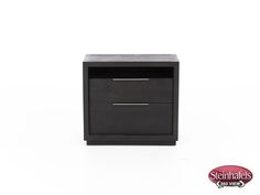 a black nightstand with two drawers on the bottom and one drawer open, against a white background