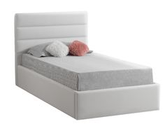 a bed with a white headboard and two pillows on the top of it, against a white background