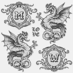 some type of tattoo design with dragon and letter m in the middle, on top of an ornate frame