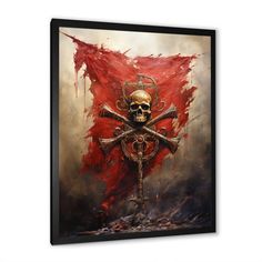 a skull and crossbones on a red background framed canvas print wall art decor