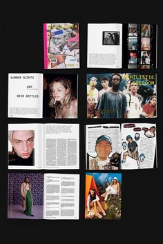 an assortment of magazine pages spread out on a black background