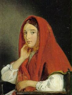 a painting of a woman sitting at a table with a red shawl over her head